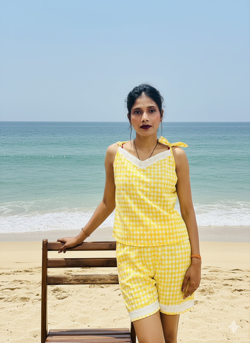 Lemon Glow Set  (Women yellow sleeveless shirt with yellow short short)