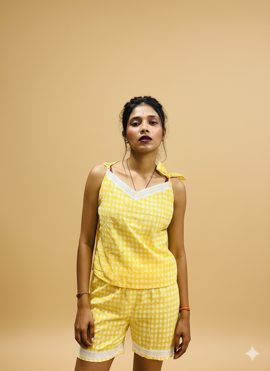 Lemon Glow Set  (Women yellow sleeveless shirt with yellow short short)